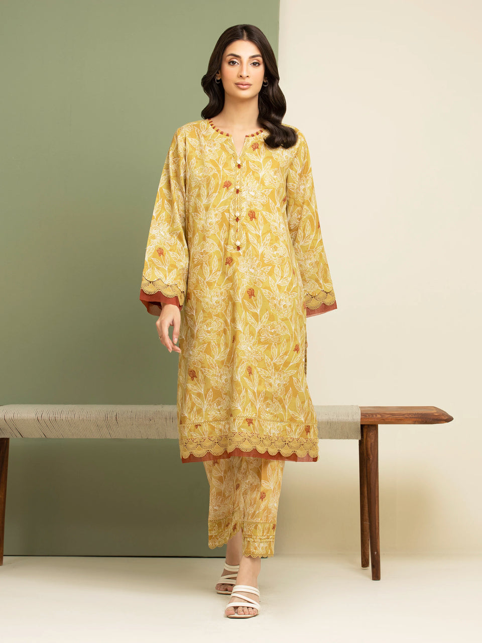 Unstitched Light Gold Printed Lawn 2 Piece