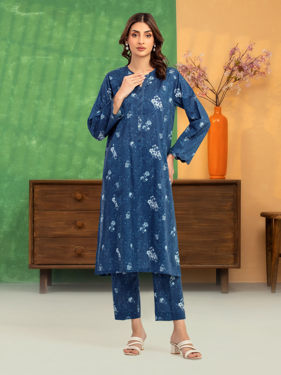 Unstitched Navy Blue Printed Lawn 2 Piece