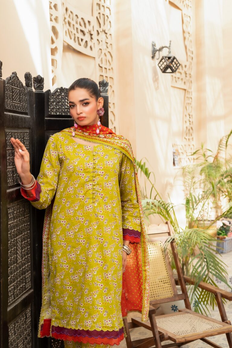 Unstitched Green Printed Lawn 3 Piece