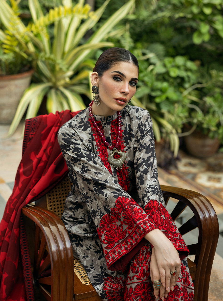 Premium Unstitched 3-Piece: Lawn Shirt/Trouser, Organza Neck & Chiffon Dupatta