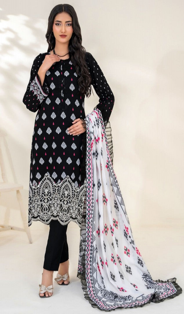 Embroidered Elegance: Cheque Dupatta 3-Piece Suit