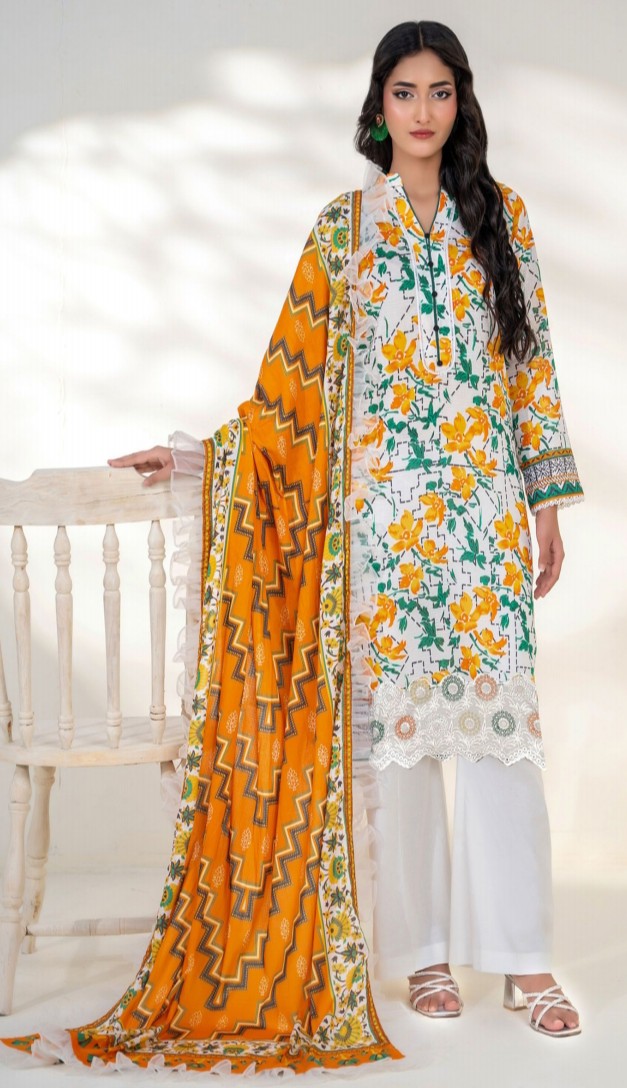Embroidered Elegance: Cheque Dupatta 3-Piece Suit