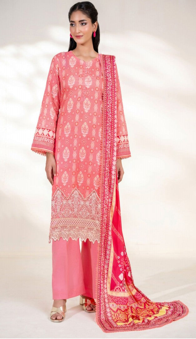 Embroidered Elegance: Cheque Dupatta 3-Piece Suit