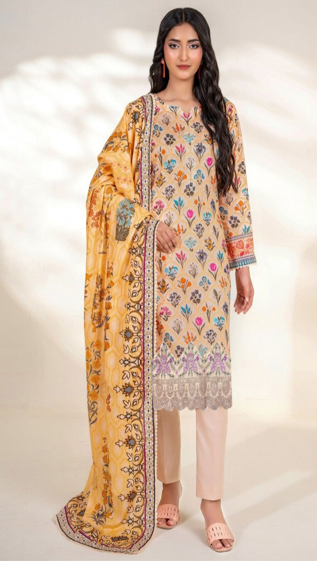 Embroidered Elegance: Cheque Dupatta 3-Piece Suit