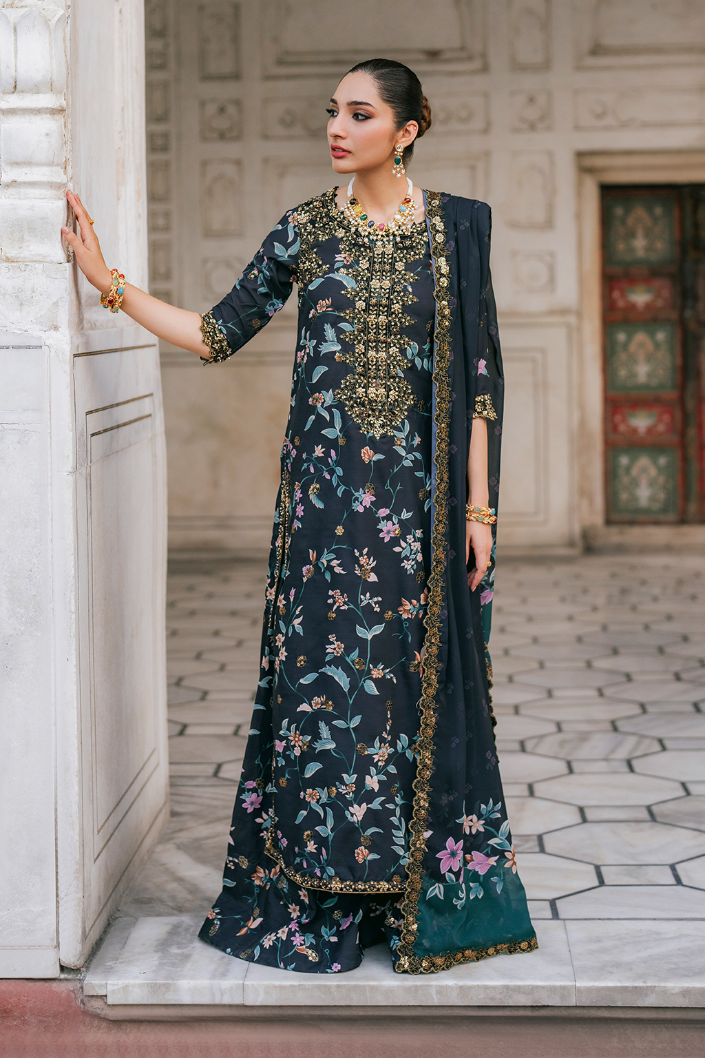 Lawn Embroidered Printed Suit with Organza Neckline & Chiffon Dupatta