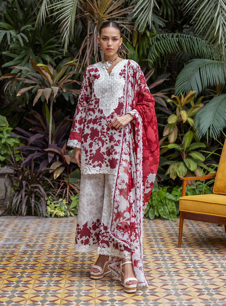 Luxury Printed Lawn Suit with Embroidered Accents and Voile Dupatta