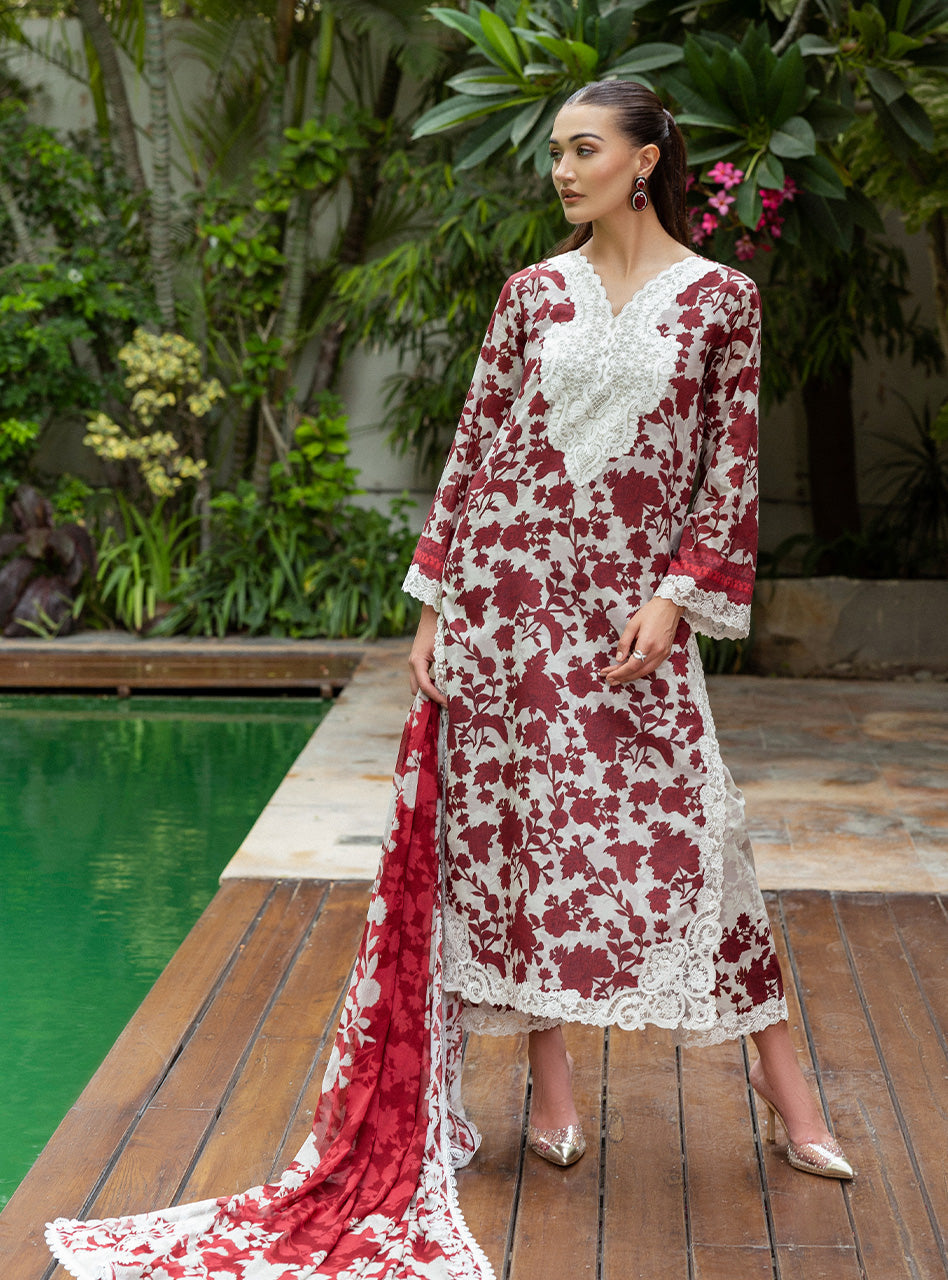 Luxury Printed Lawn Suit with Embroidered Accents and Voile Dupatta