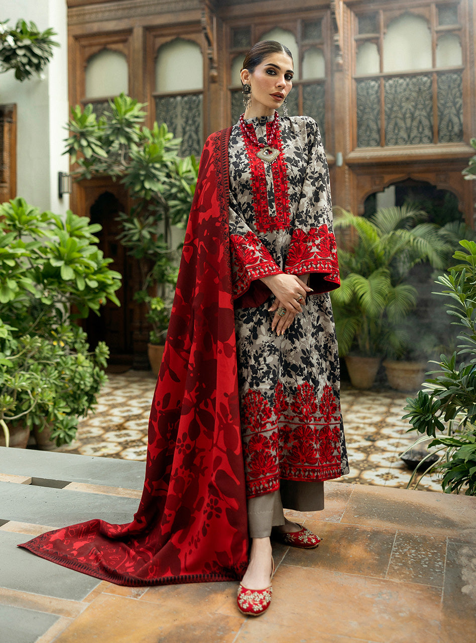 Premium Unstitched 3-Piece: Lawn Shirt/Trouser, Organza Neck & Chiffon Dupatta