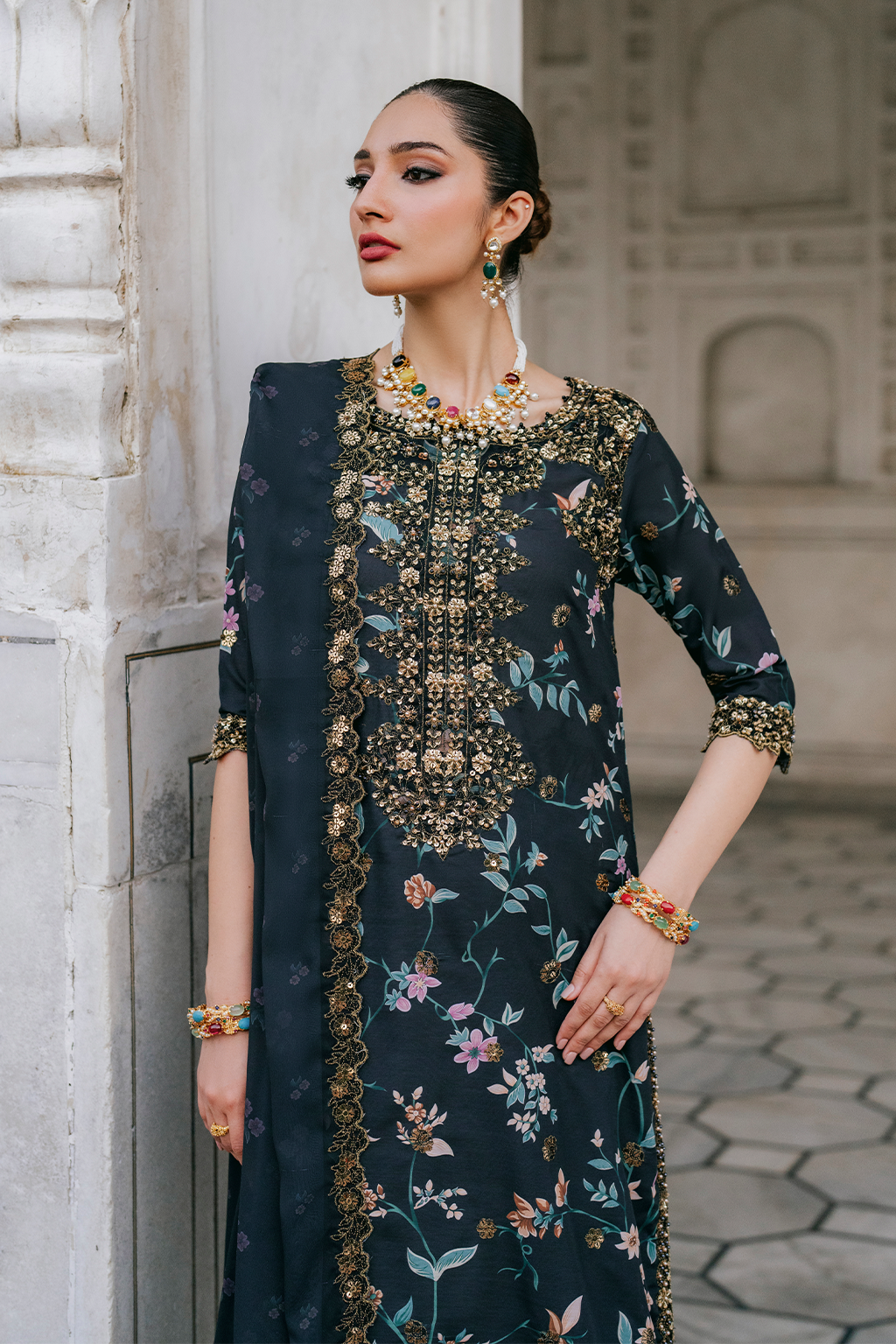 Lawn Embroidered Printed Suit with Organza Neckline & Chiffon Dupatta