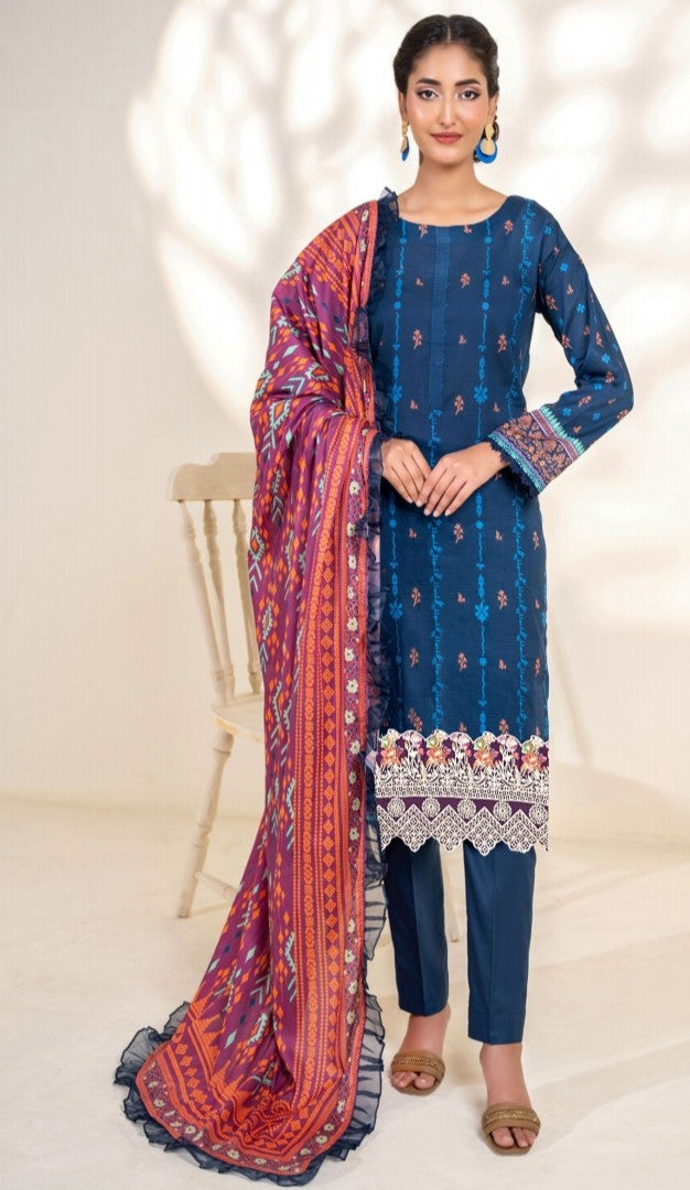 Embroidered Elegance: Cheque Dupatta 3-Piece Suit