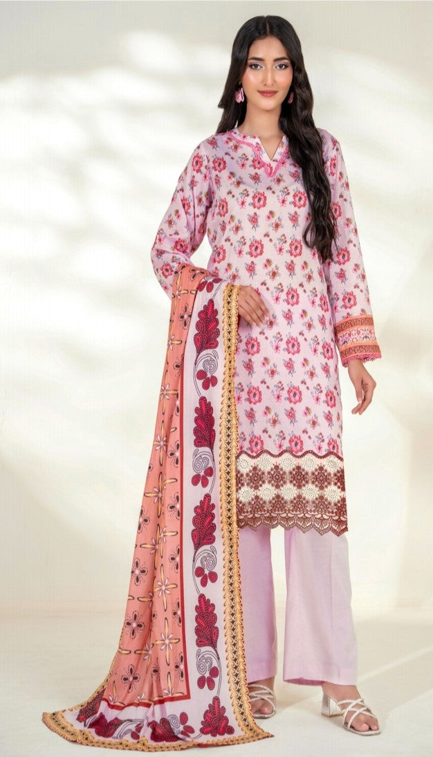 Embroidered Elegance: Cheque Dupatta 3-Piece Suit