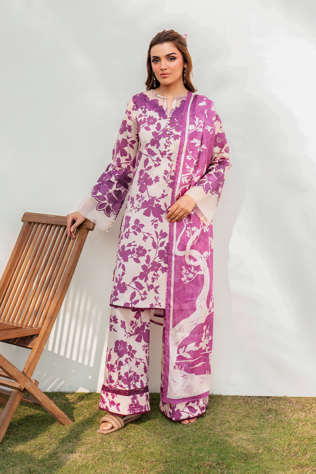 Printed Lawn Suit with Embroidered Organza Accents and Chiffon Dupatta