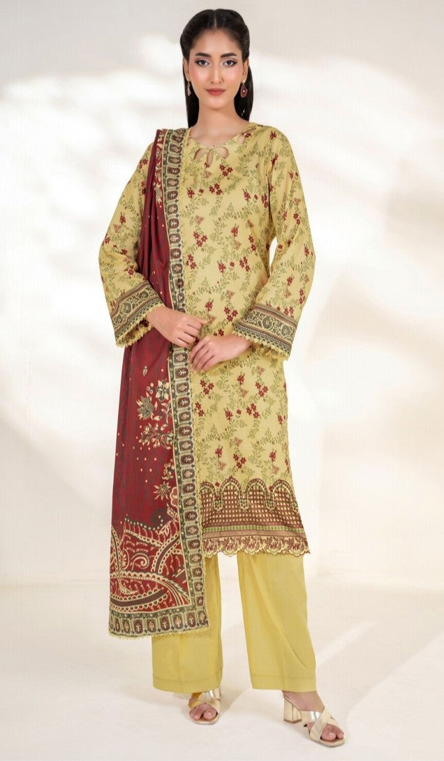Embroidered Elegance: Cheque Dupatta 3-Piece Suit