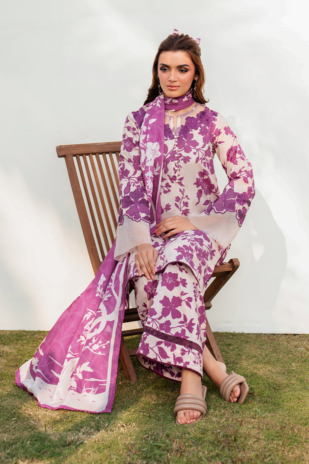 Printed Lawn Suit with Embroidered Organza Accents and Chiffon Dupatta